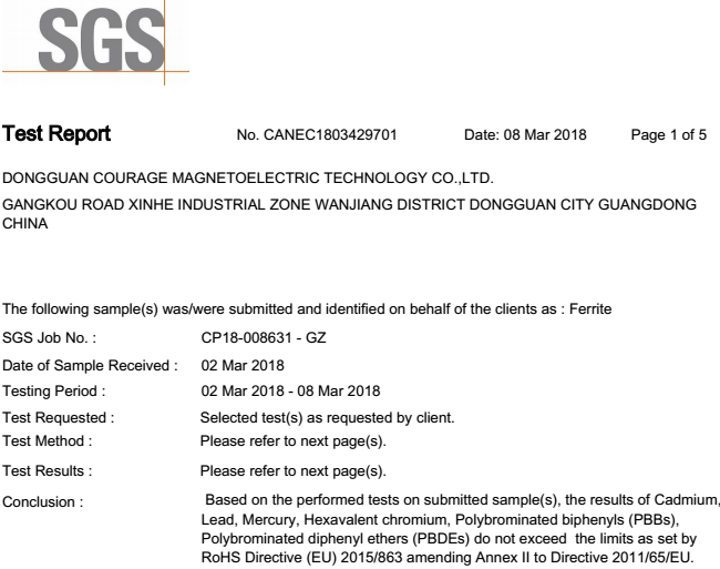 卡瑞奇2018年铁氧体磁铁SGS报告